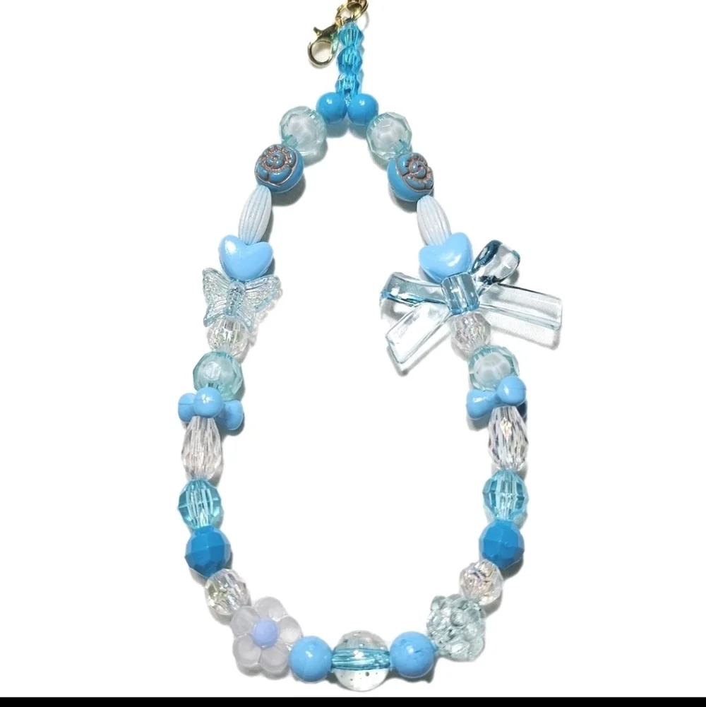 Cute Pastel Blue White Iridescent Beaded Girly Dainty  Phone Charm Wrist Strap